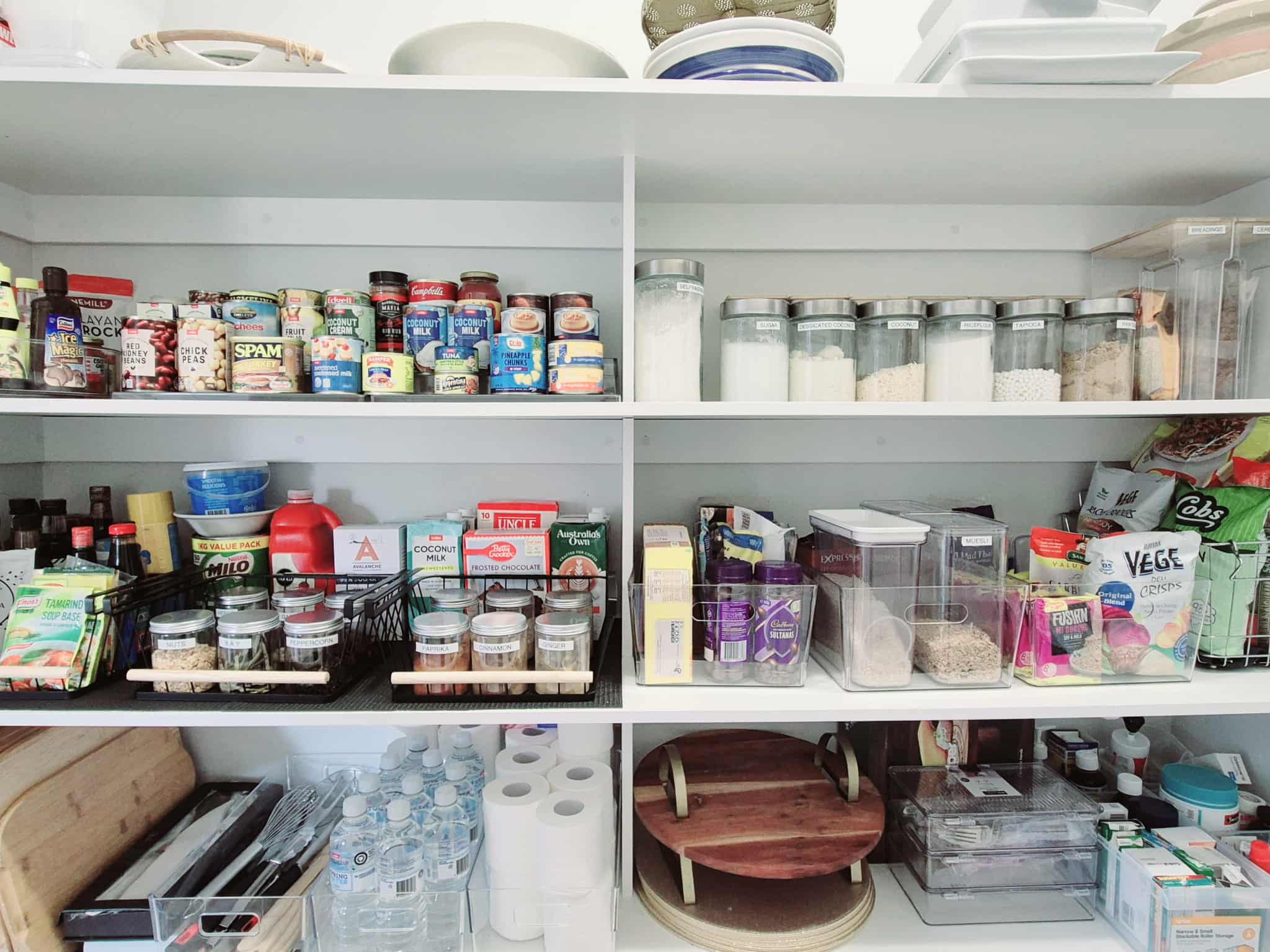 Pantry organised with labelled containers