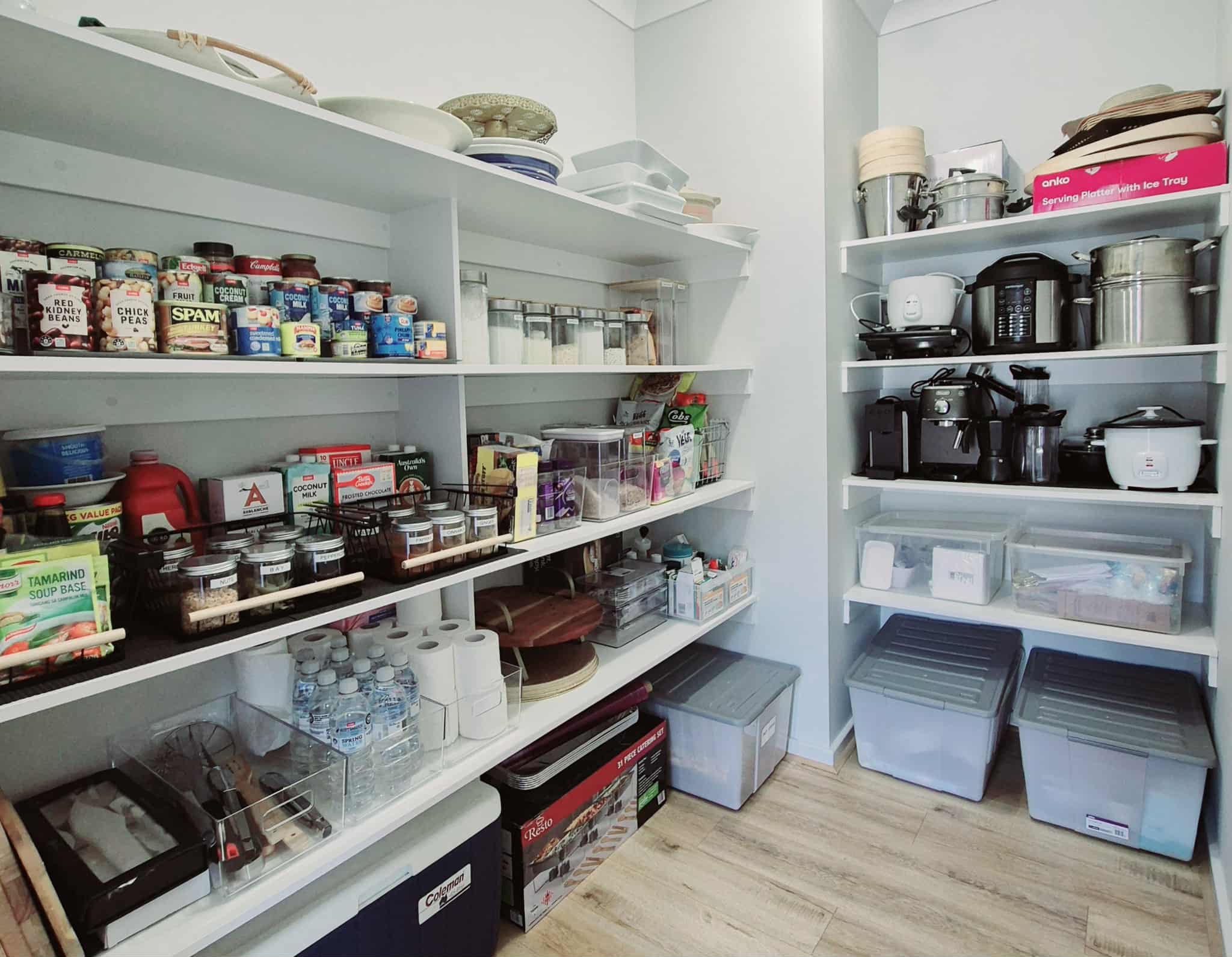 Pantry organised with labelled containers