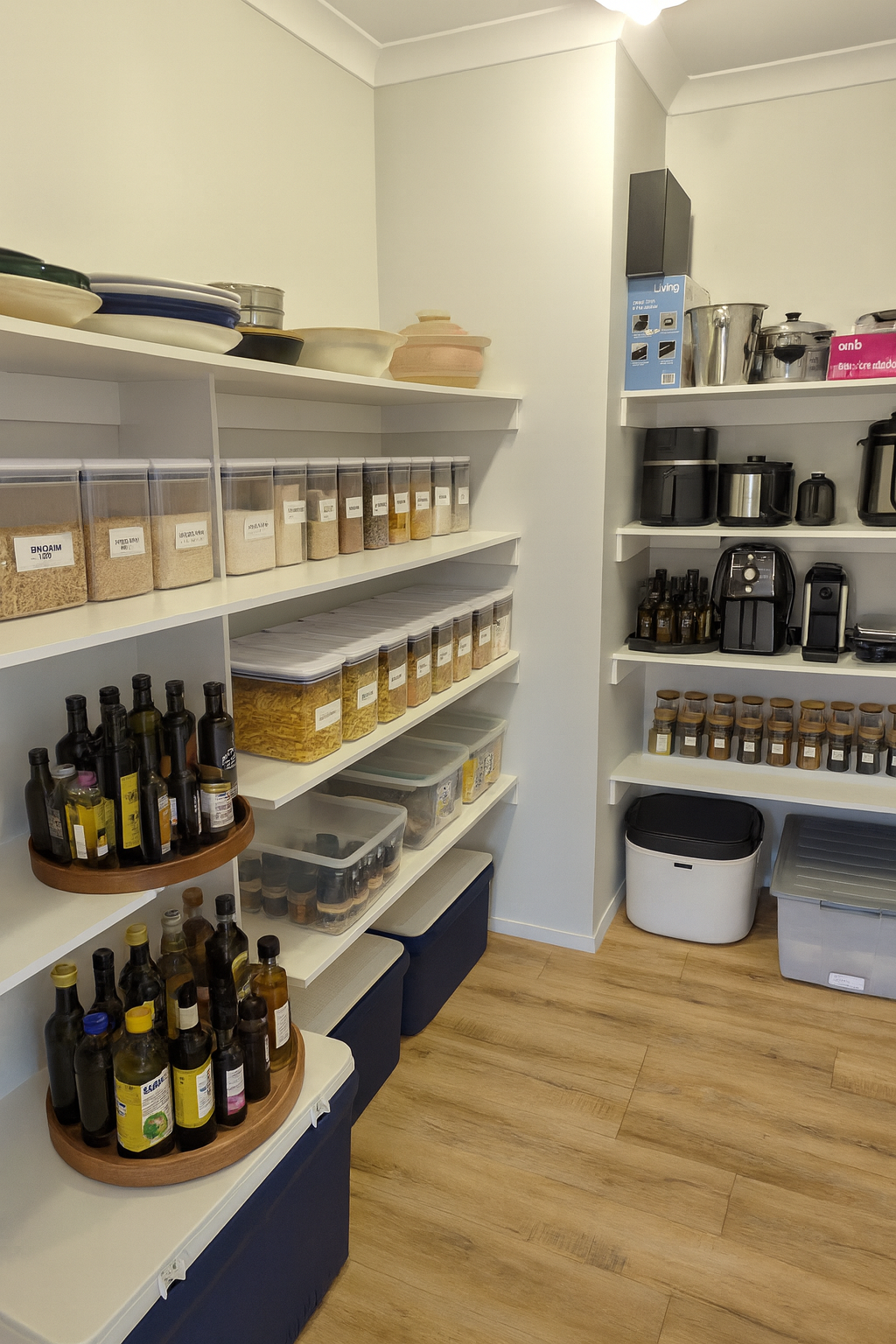 Pantry organised with labelled containers